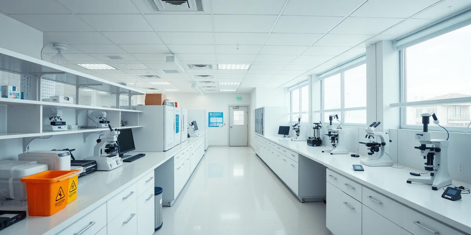 Laboratoire de biologie médicale moderne, paillasse blanche, automates et microscopes